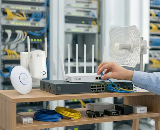 Muestra equipos de comunicaciones como wswitches, routers, antenas, etc