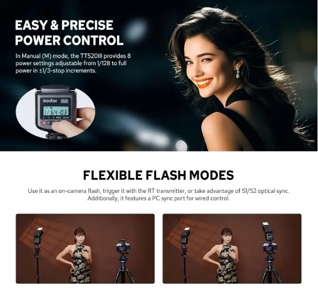 Godox TT520III ilustra sobre el fácil y preciso control del poder