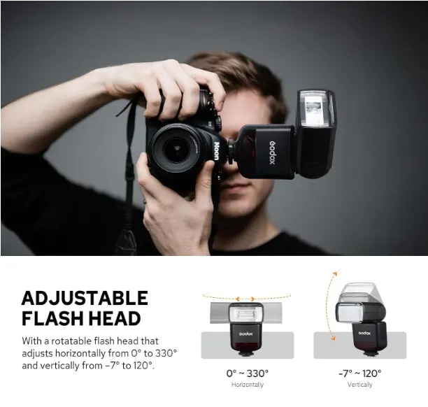 Godox TT520III Ilustra sobre lo ajustable de la cabeza del flash