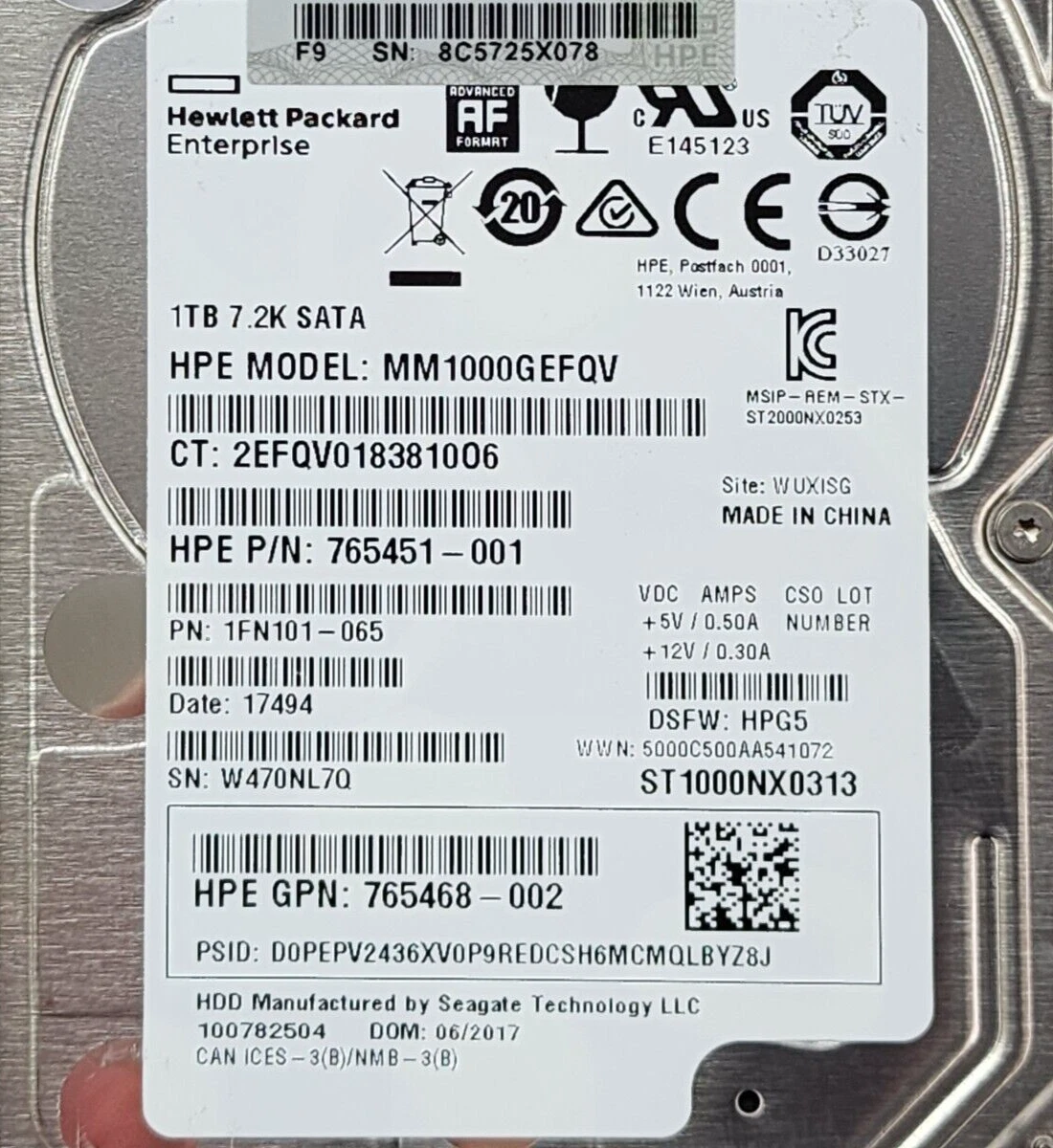 Vista superior y etiqueta del HP 1TB 7.2K 6Gbps 2.5'' SATA HDD for ProLiant G8-10