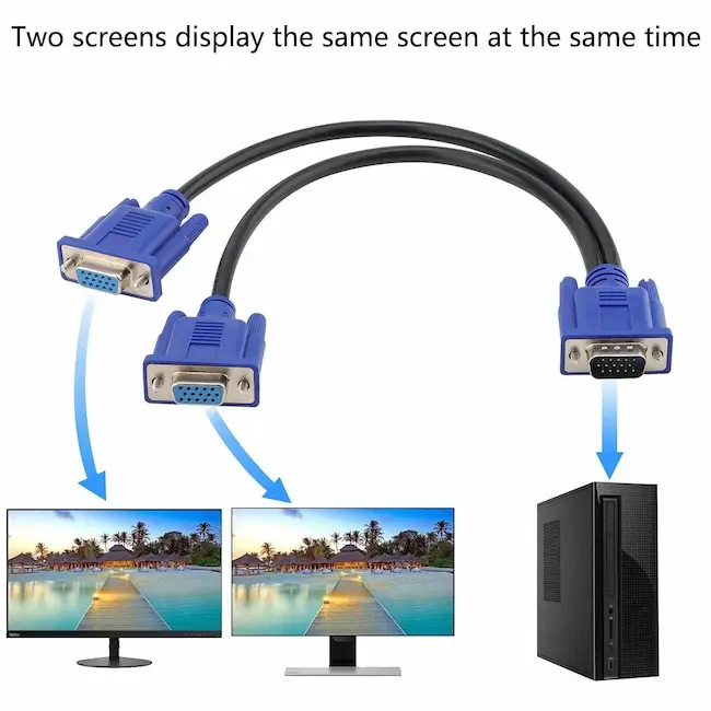 Muestra el empleo del Y-splitter adapter cable From 1 PC to 2 VGA SVGA